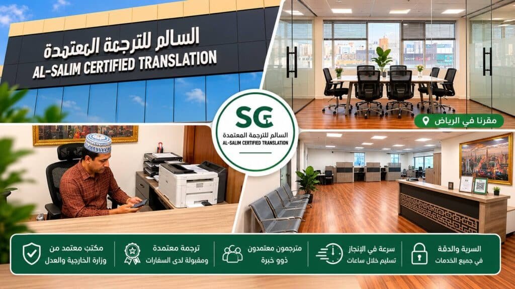 مكتب السالم للترجمة المعتمدة بالرياض مع صور حقيقية للمكتب وقاعة الاجتماعات وواجهة الفرع ومترجم معتمد