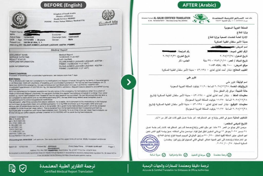 تقرير طبي مترجم من مكتب السالم للترجمة المعتمدة