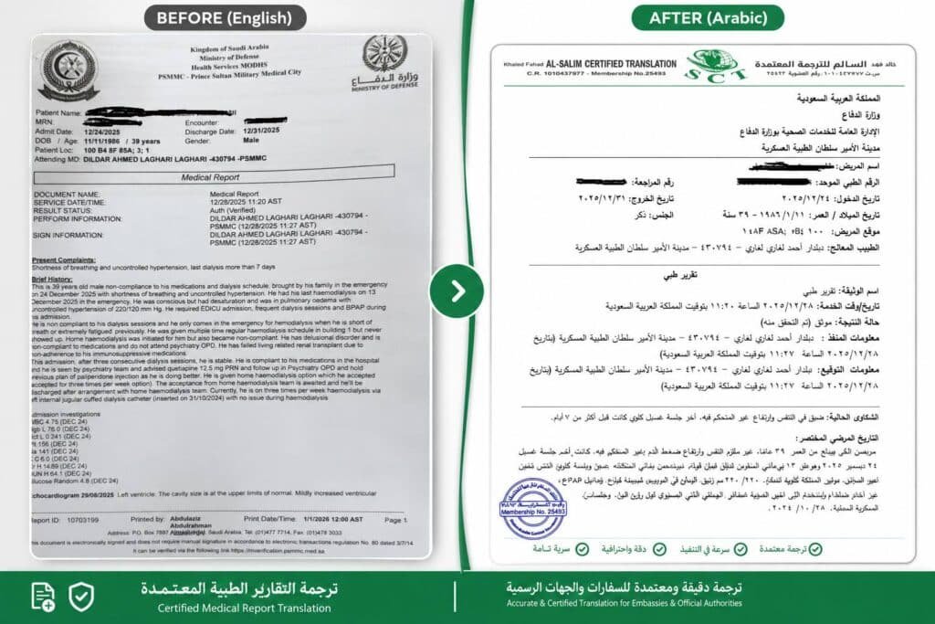 تقرير طبي مترجم من مكتب السالم للترجمة المعتمدة