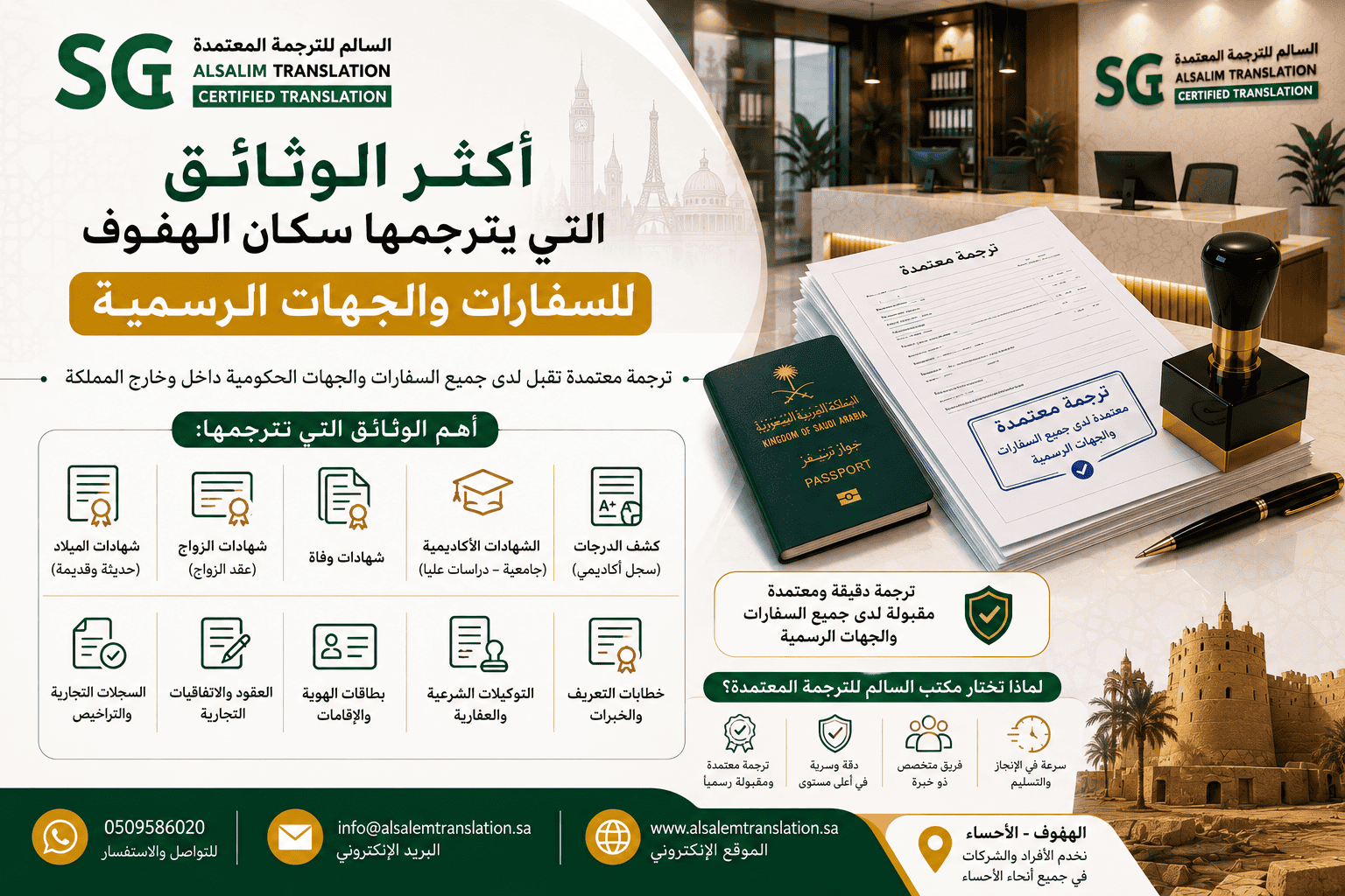 الوثائق التي يترجمها سكان الهفوف للسفارات والجهات الرسمية