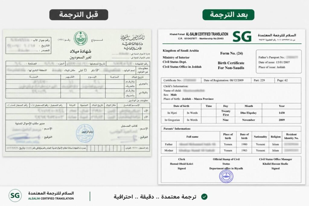 نموذج شهادة ميلاد لغير السعوديين قبل وبعد الترجمة